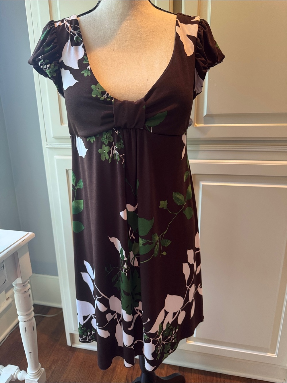 Speechless Brown Floral Empire-Waist Dress with Green and White Print